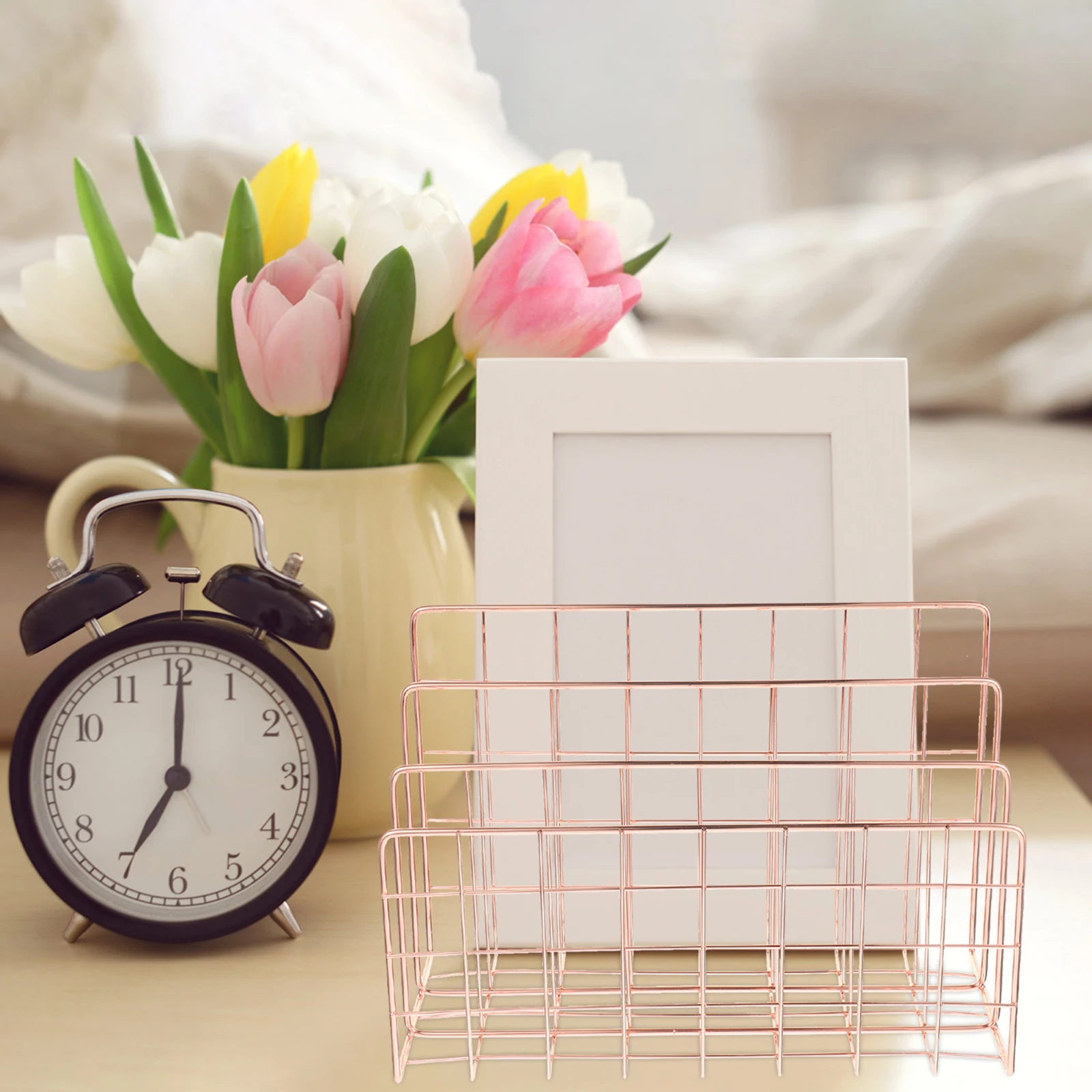 

Rose Gold File Storage Rack Metal Magazine Organizer Premium Material Smooth Surface Card Slot Practical Shelf Holder Storage
