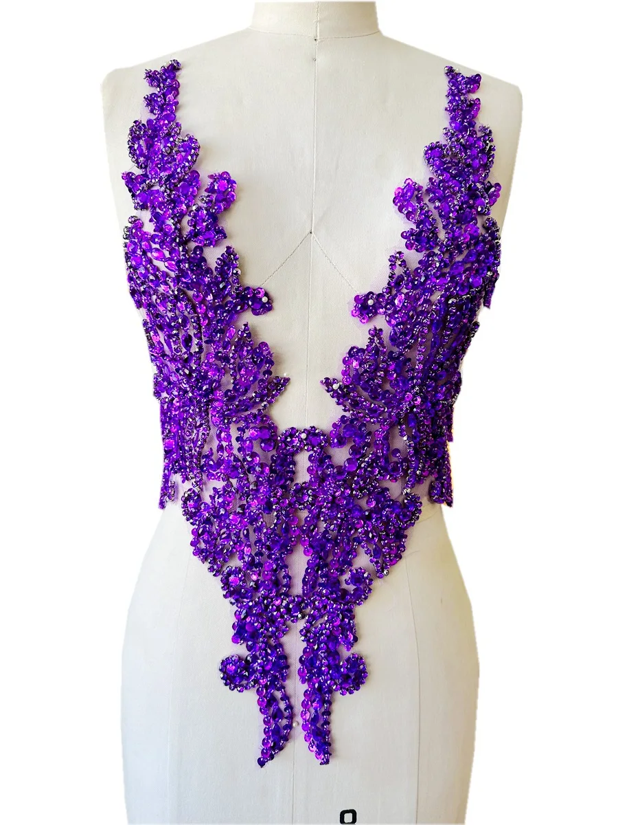 

16 Colors Beadwork DIY Bridal Trims Embellishments Hand-Sewn Rhinestone Sequined Deep V Neck Collar Appliqued Accessories