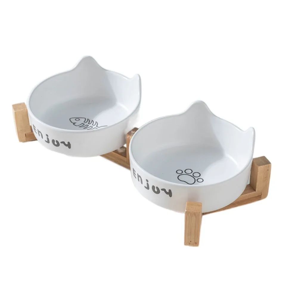 

Ceramic Pet Bowl Cute Single/Double Bowl Dog Food Feeding Basin with Rack Prevent Tipping Pet Drinking Feeder Neck Protection