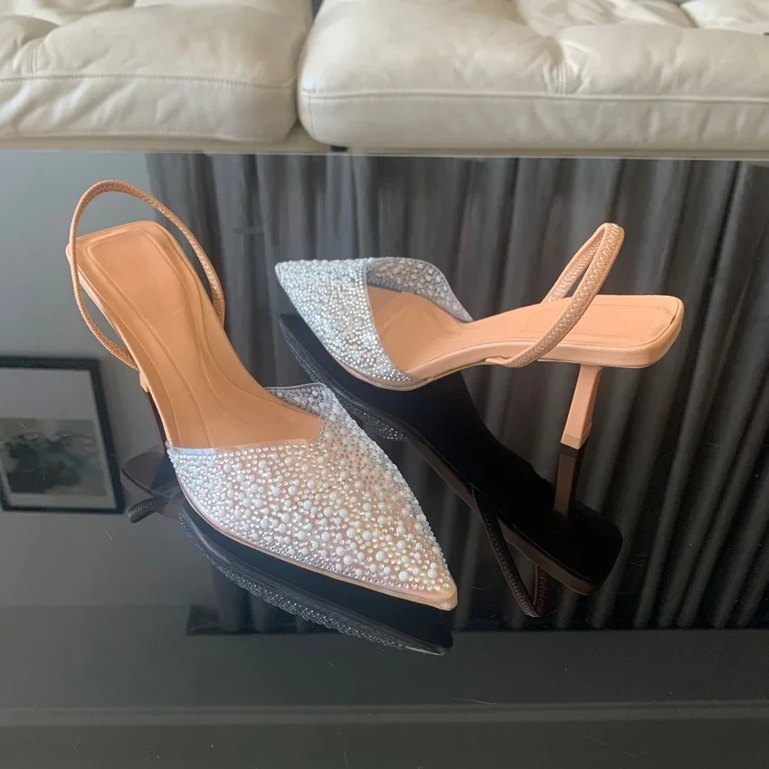 2024 Mode Zomer Vrouwen Hoge Hakken Parel Decoratie Slingback Vrouw Pumps Puntschoen Hoge Hakken Sandalen Elegante Vrouw Schoenen