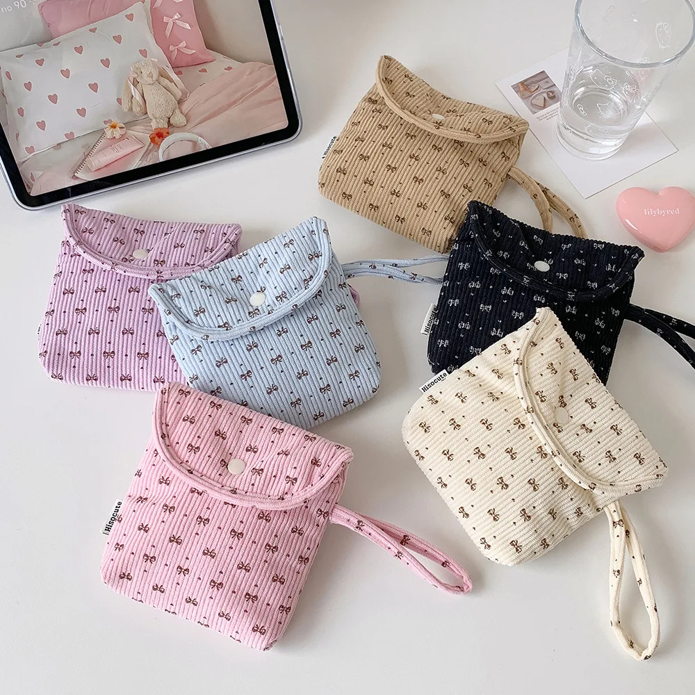 Bolsa Organizadora Portátil de Veludo Cotelê com Laço para Absorventes Higiênicos e Maquiagem, com Alça, Pequena Bolsa de Armazenamento para Mulheres