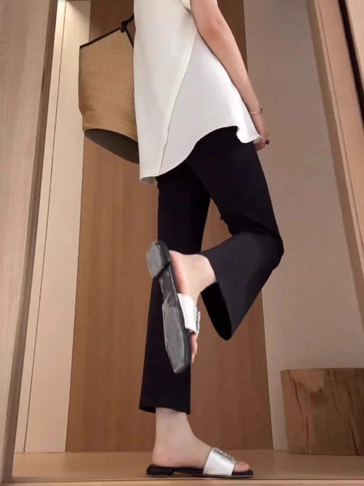 Calças Casuais Finas de Cintura Alta em Seda Gelada para Mulheres, Verão, Ajuste Solto, Tamanho Plus, Calças Slimming de Nove Pontos