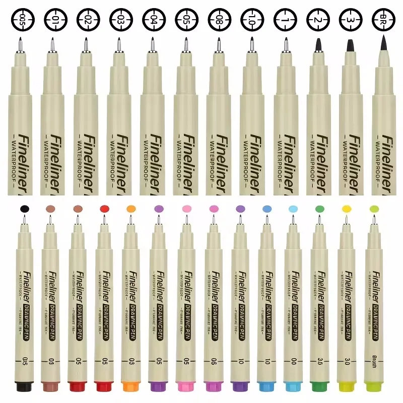 12pcs Black +12 color Fine Liner Ink Pens Set for Detailed Sketching Journaling Contouring Cartoon Animation Smooth Flowers & Precision Artwork Various Tip Sizes