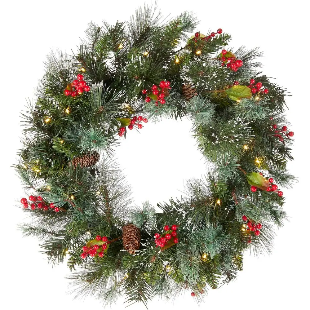 

24 Pre-Lit Winter Pine Artificial Christmas Wreath with Pinecones, Red Berries, 50 Clear LED Lights, 113 Tips, Timer, Green