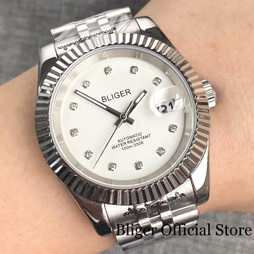 

BLIGER 36mm Automatic Men Watch Fluted Bezel NH35A Movement Gem Index White Dial Sapphire Glass Luminous