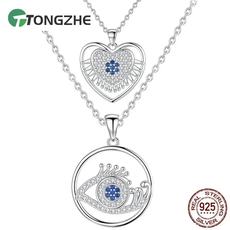 

TONGZHE 925 Sterling Silver Zircon Heart Evil Eye Necklace Women Bling Luck Blue Eye Fatima Hand Clavicle Chian Wedding Jewelry