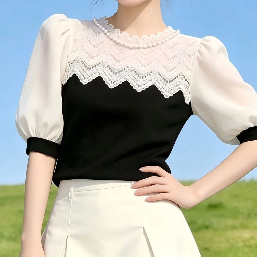 Small fresh lotus leaf collar beaded lace splicing bubble sleeve shirt women's summer temperament versatile short-sleeved top