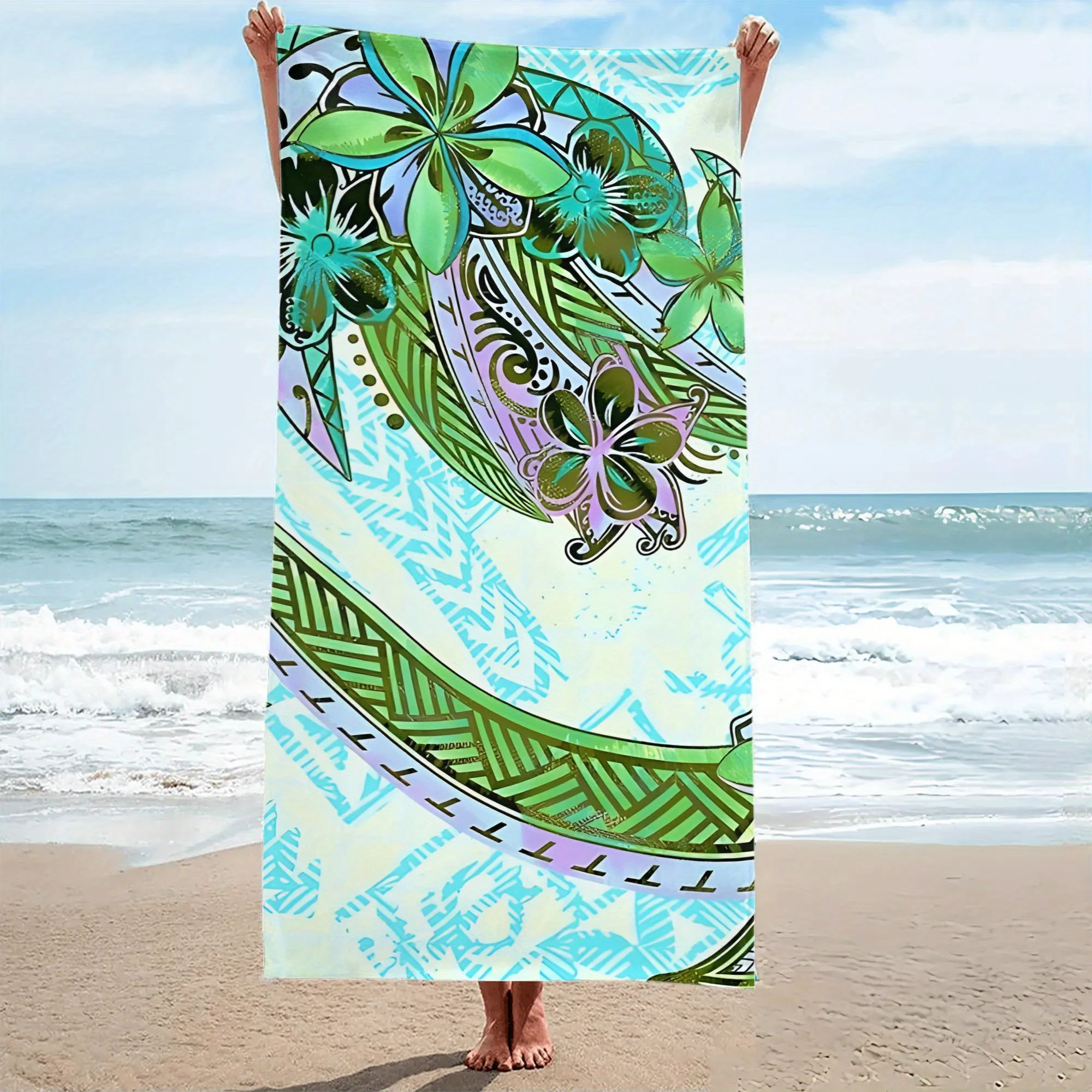 1pc Polynesian Hawaiian Teal Floral Tribal Beach Towel Oversized Quick-Dry Microfiber Tropical Pattern with Green Leaves