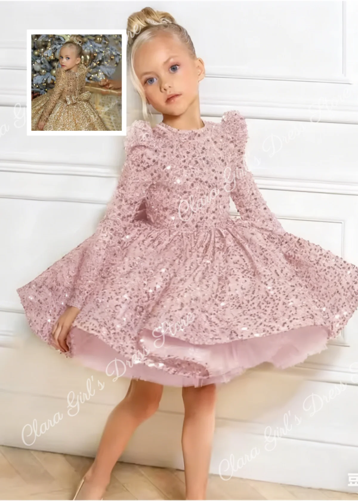 Великолепное платье с цветочным узором для девочек с блестками и длинными рукавами, пышное детское праздничное платье для девочек на свадьбу, день рождения, вечеринку, первое причастие