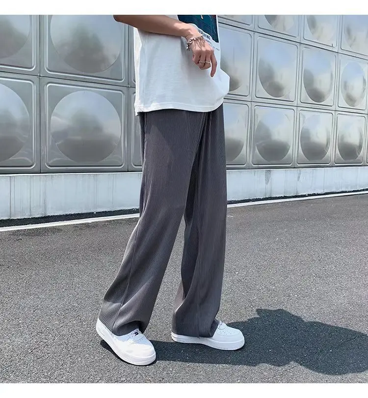 Summer Ice Silk Stripe Oversized Men's Sweat Pants Korean Thin Harajuku Casual Trousers Y2k Wide Leg Baggy Joggers Pants