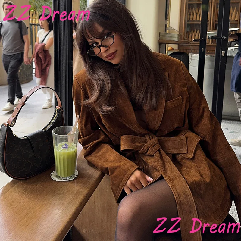 Women's Suede Jacket Solid Turn-Down Collar Long Sleeve Coats Waistbelt Pockets Female 2025 New Autumn Fashion Casual Outwears