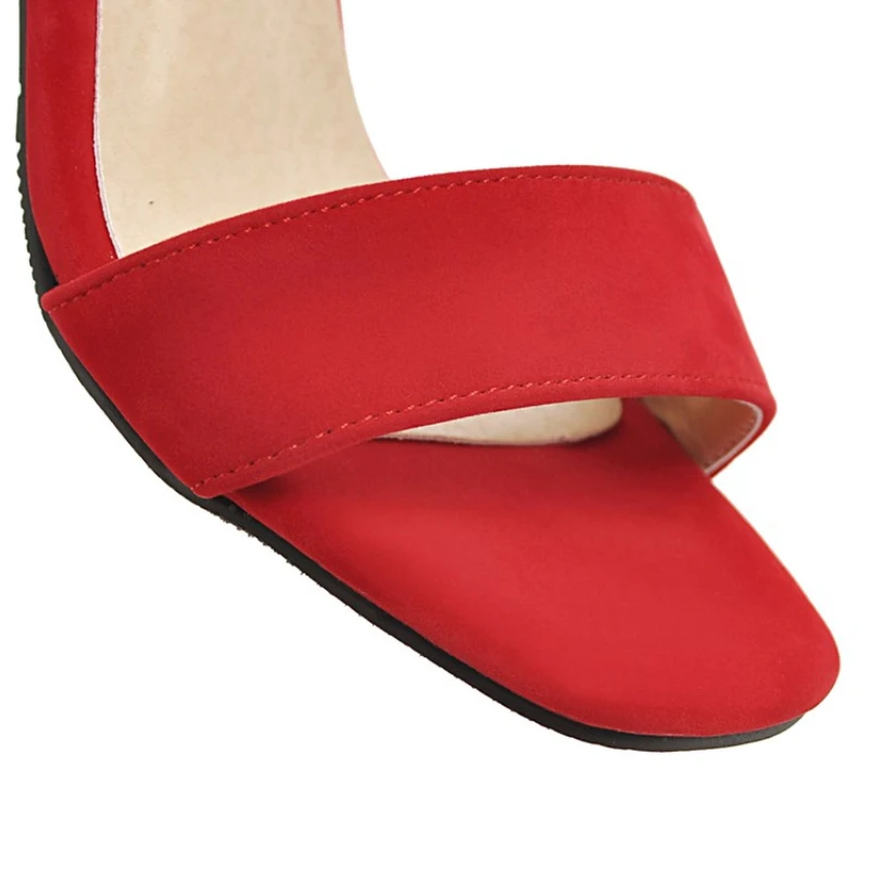 Flock Women Sandals High Block Square Heels Open Toe Casual Party Summer Red Black Buckle Ankle Strap Faux Suede Ladies Sandals
