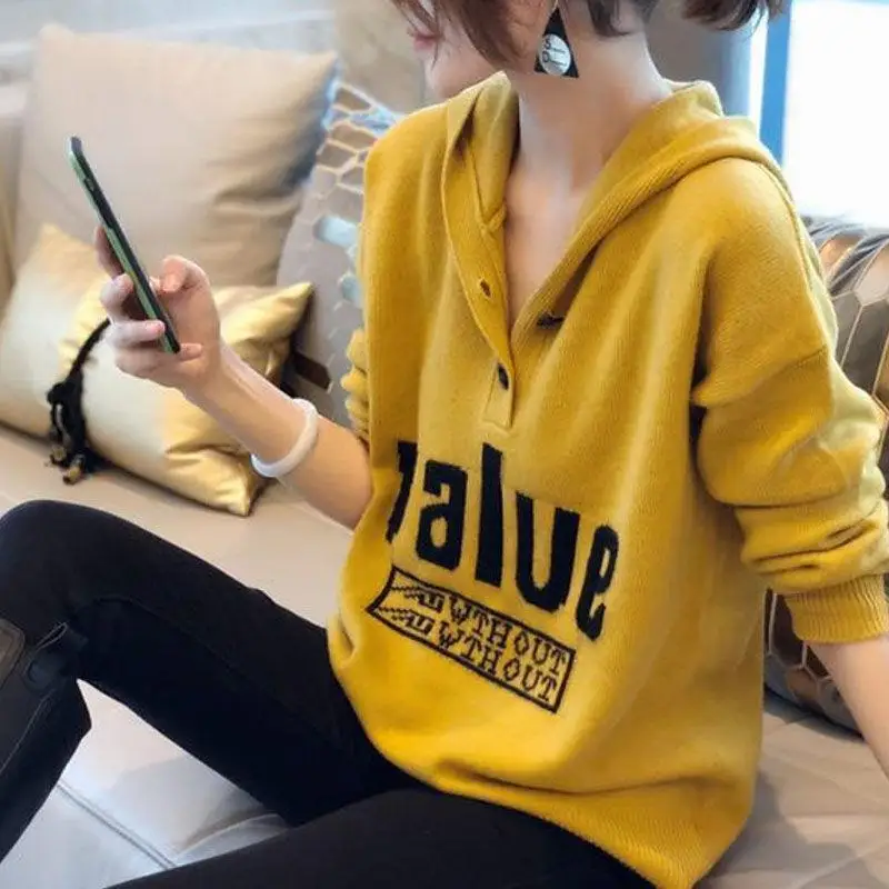 Casual Solid Color Letter Hooded Sweaters Autumn Winter Stylish Button Korean All-match Commute Female Clothing Knitted Jumpers