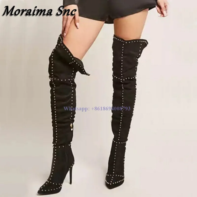 New Black Boots Rivet Pointed Toe Side Zipper Stilettos High Heel Boots Over The Knee Women Boots Solid Shoes Zapatos Mujer