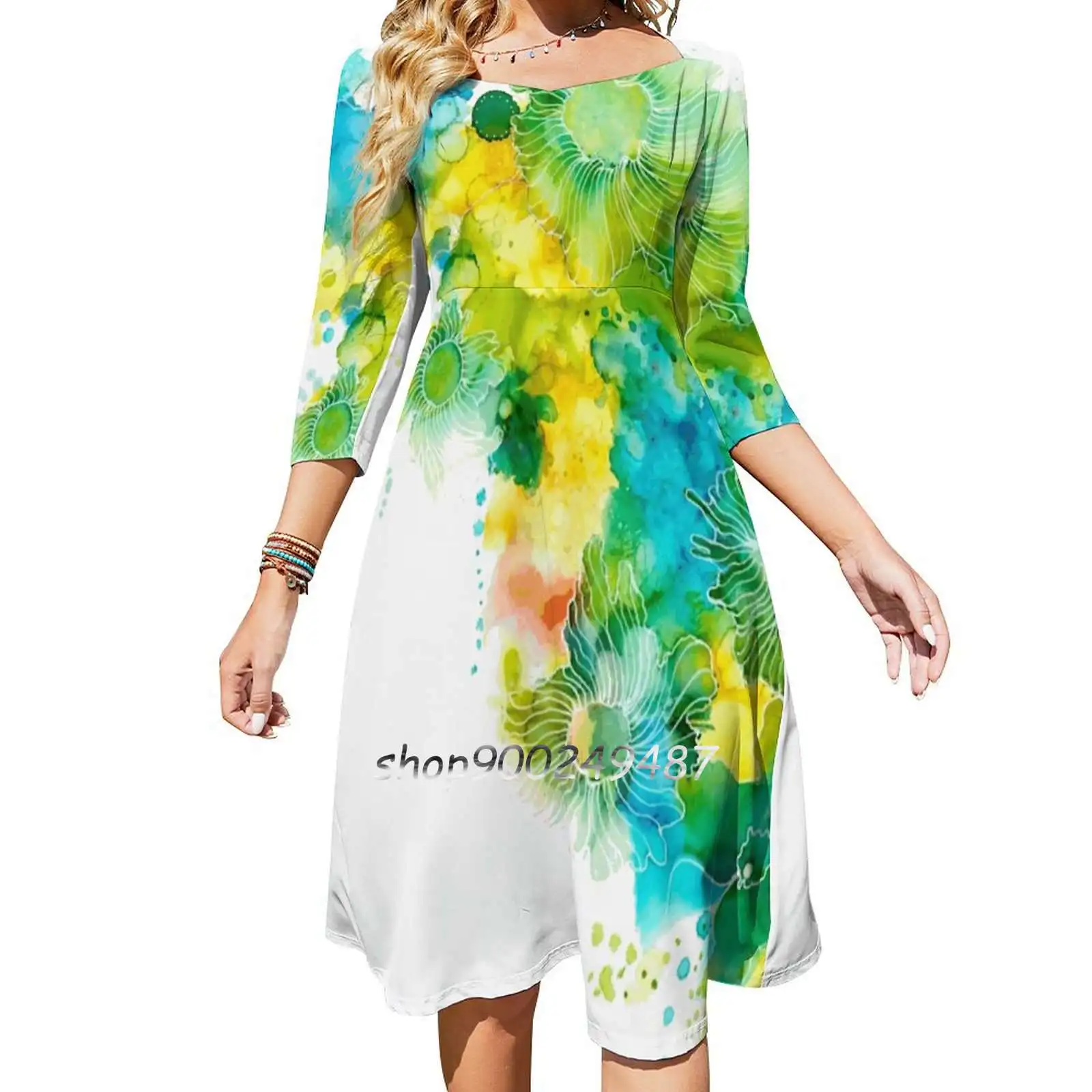 Margarita Flare Dress Short and Long Sleeve Dresses Fashion Printed Dress Lime Lemon Yellow Green White Drinking Flower