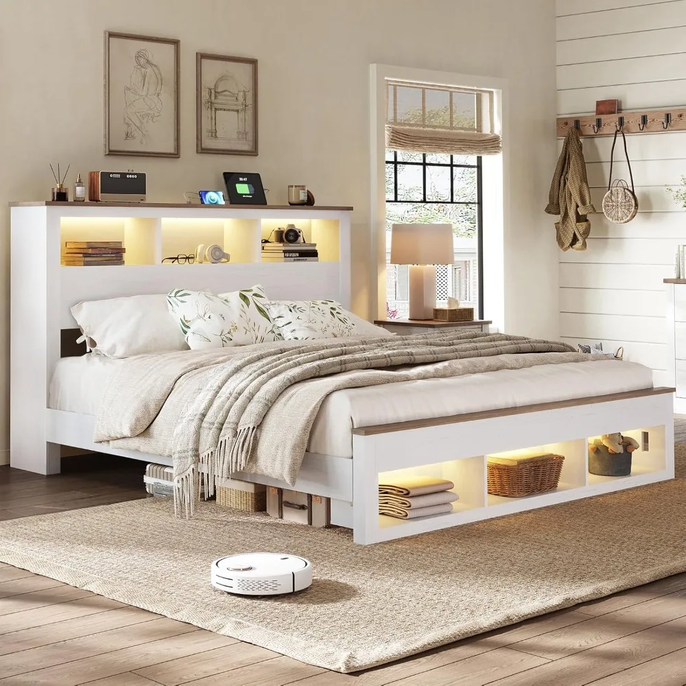 Farmhouse Queen Size Bed Frame with Storage Bookcase Headboard and Footboard, Storage Wood Platform Bed Frame with Wood