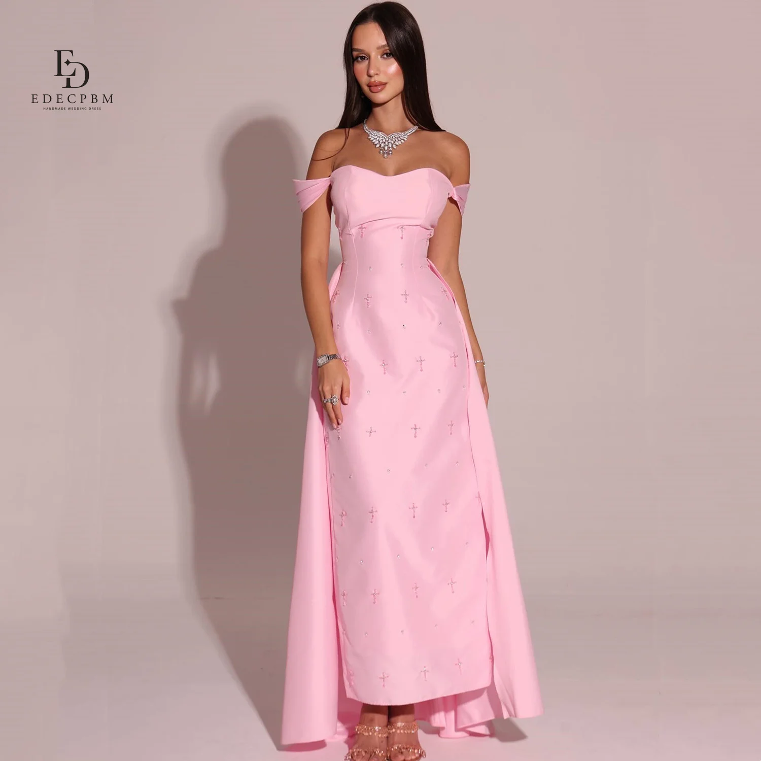 فساتين نسائية أنيقة من الساتان EDECPBM لحفلات الزفاف فستان سهرة نسائي مخصص وردي مصنوع يدويًا من فساتين سهرة للحفلات الراقصة النسائية