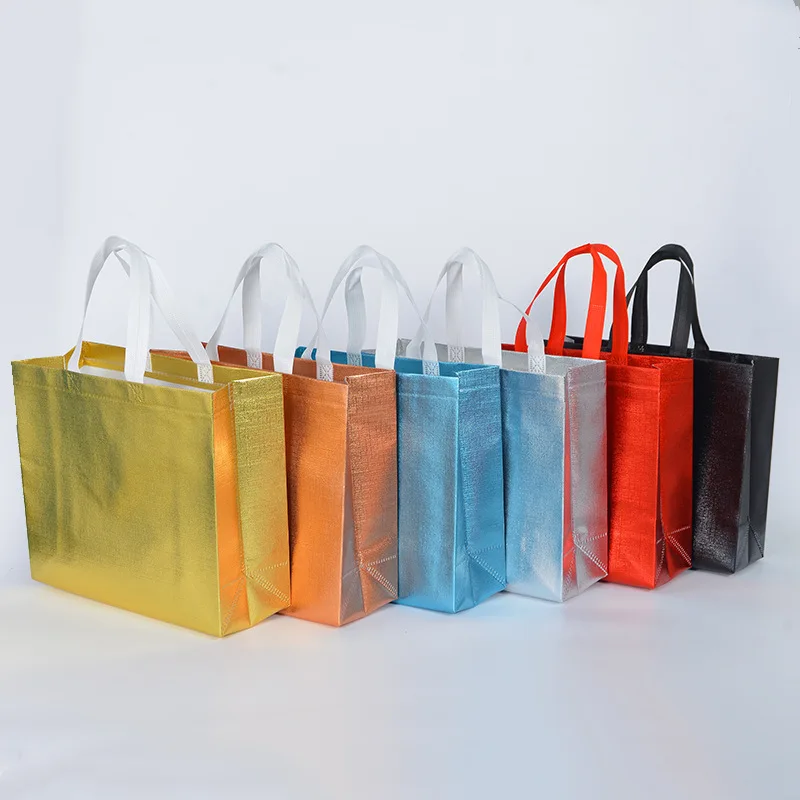 5/10pcs Christmas Gold Gift Bags Large Size non-woven Reusable Shopping bag With White Handles Party Goodie Favor Bag