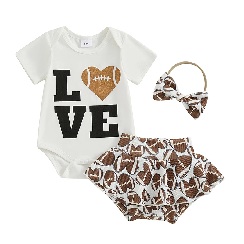 

Baby Girls Shorts Set Short Sleeve Letters Print Romper Heart Print Shorts and Hairband Summer Outfit