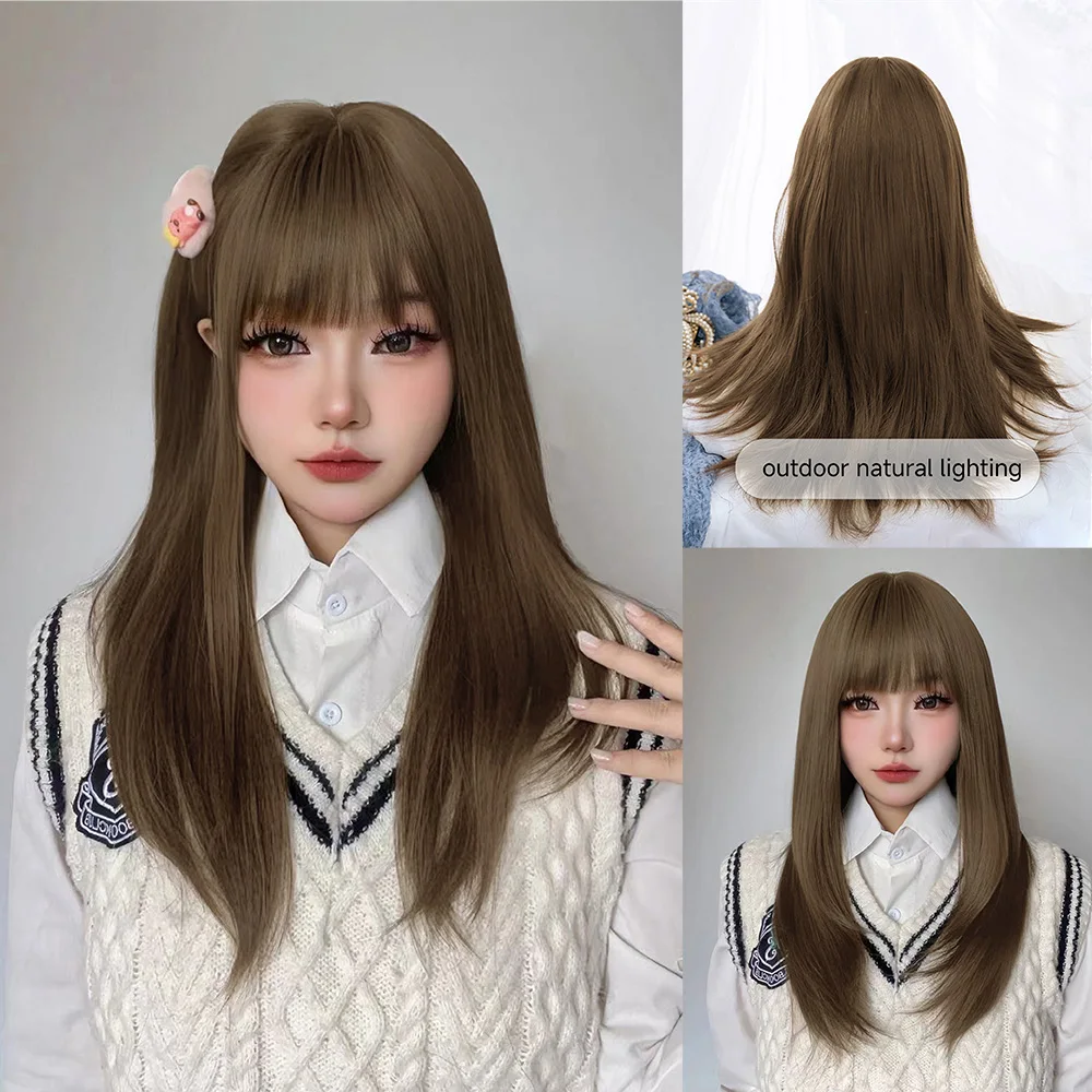 24Inch Honey Brown Color Lolita Preppy Style Synthetic Wigs With Bang Long Straight Hair Wig For Women Daily Use Heat Resistant