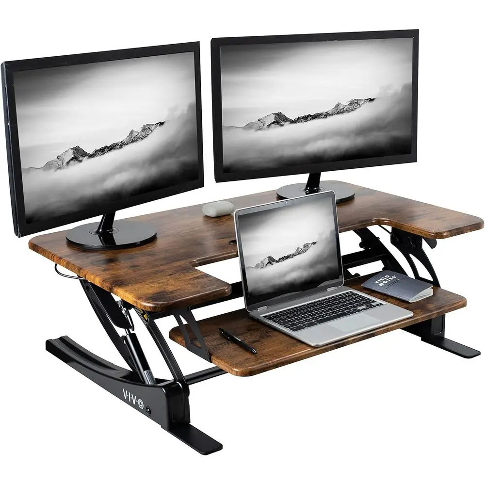 Height Adjustable Stand Up Desk Converter, Quick Switch Sit-Stand Workstation, Dual Monitor Riser, Rustic Brown Top, Black Frame