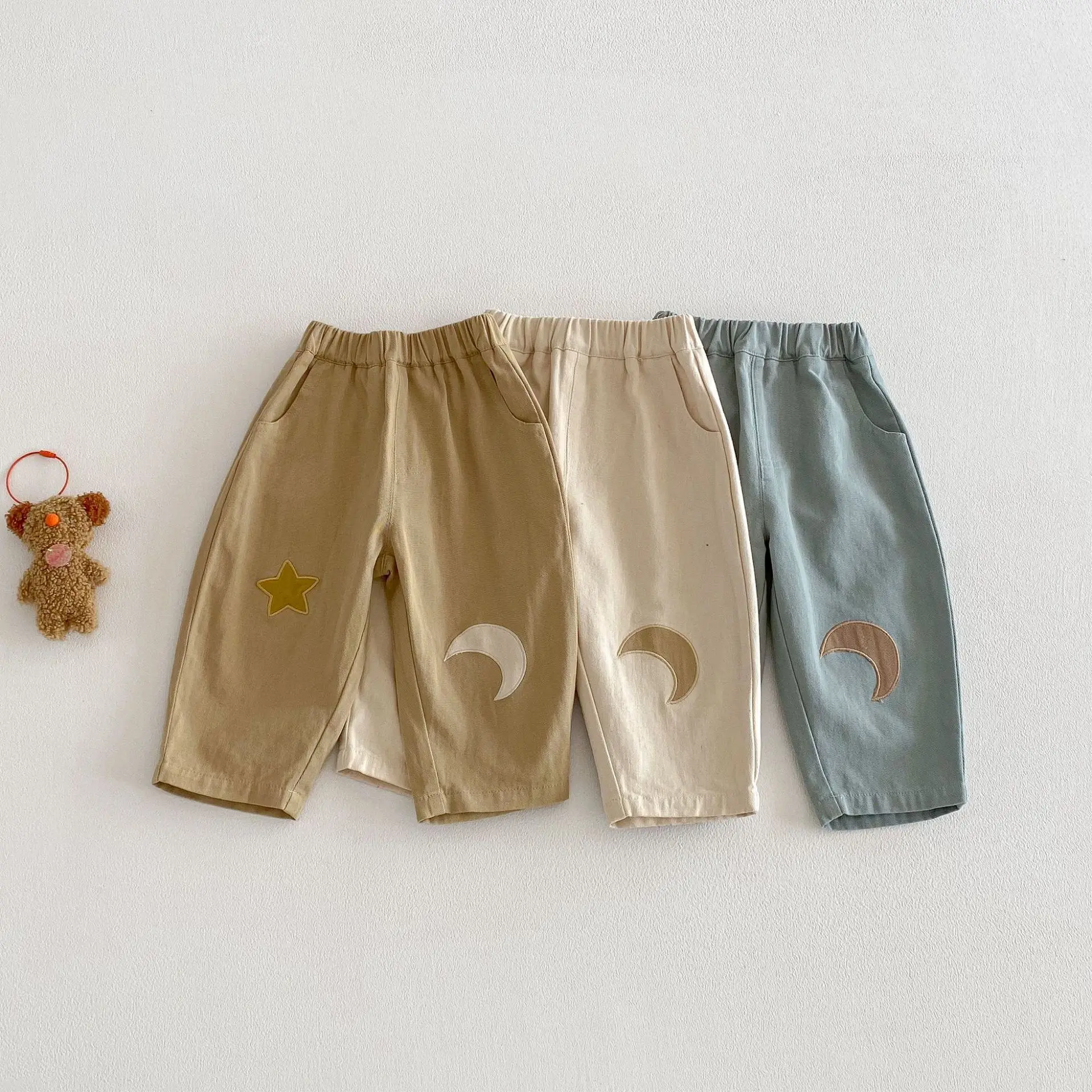Frühling 0-5Y Kinder Jungen Mädchen Baumwolle Lange Hosen Stern Mond Gestickte Casual Hosen mit Elastischer Taille Lose Kinder Hosen