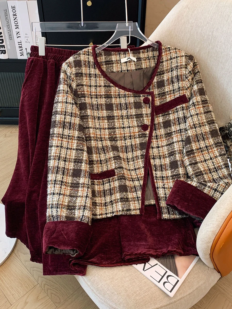 150Kg Plus Size Damska biust 155, jesienna luźna mała pachnąca kurtka Złota aksamitna spódnica Dwuczęściowy zestaw 5XL 6XL 7XL 8XL 9XL