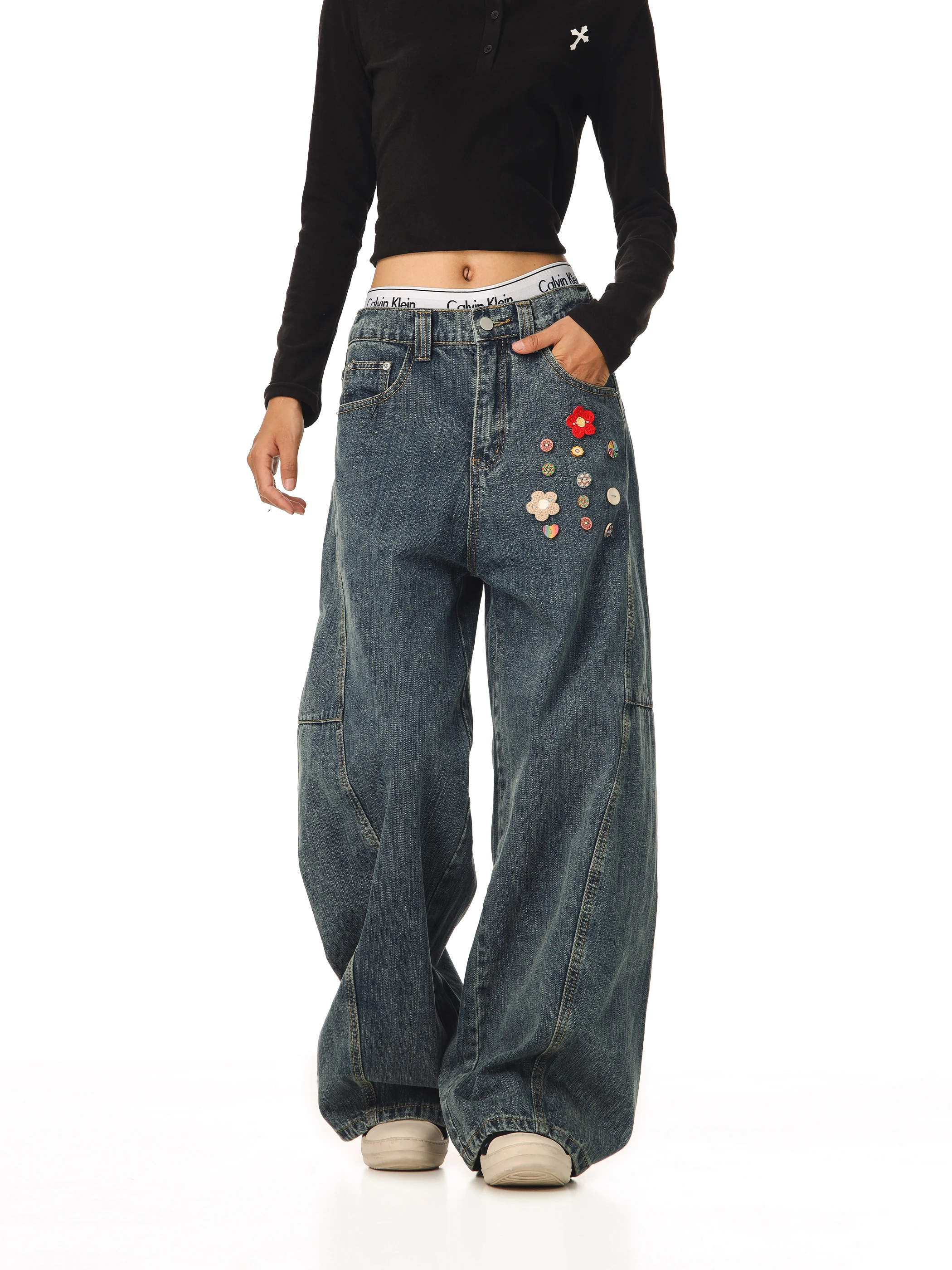 

Женские джинсы с американским уличным дизайном, расклешенные широкие брюки, свободные прямые хлопковые повседневные однотонные брюки, весна-осень