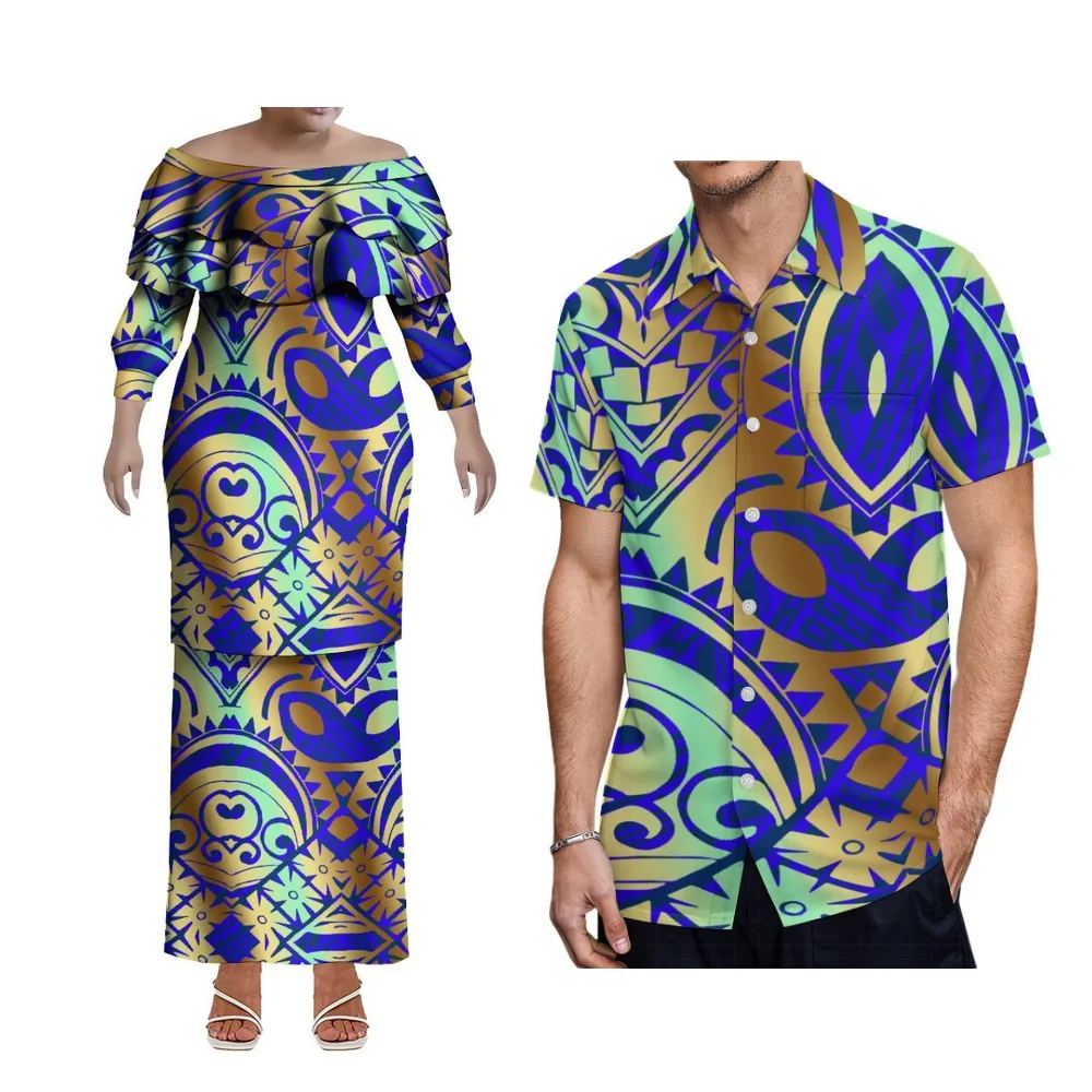 2025 بولينيزيا المرأة طويلة الأكمام واحدة الكتف أعلى وطويلة Puletasi مجموعة هاواي حزب الرجال قميص زوجين مجموعة