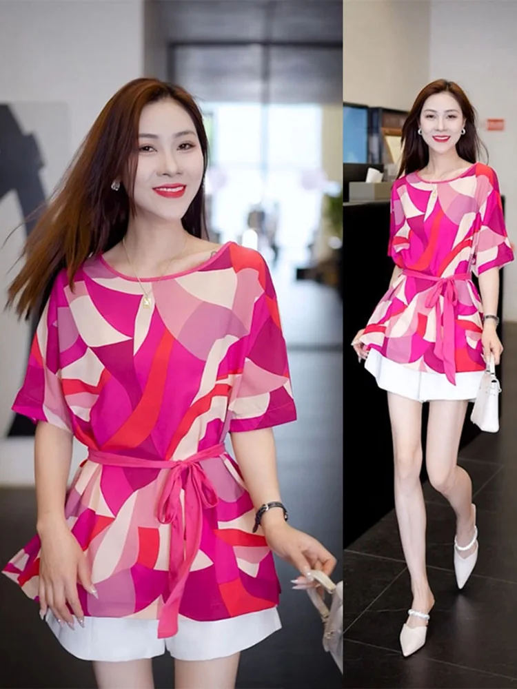 

Faion Floral Print irt Women's Summer New Design Belt Waist in Slimming Contrast Color Print Versatile Women's Blouse