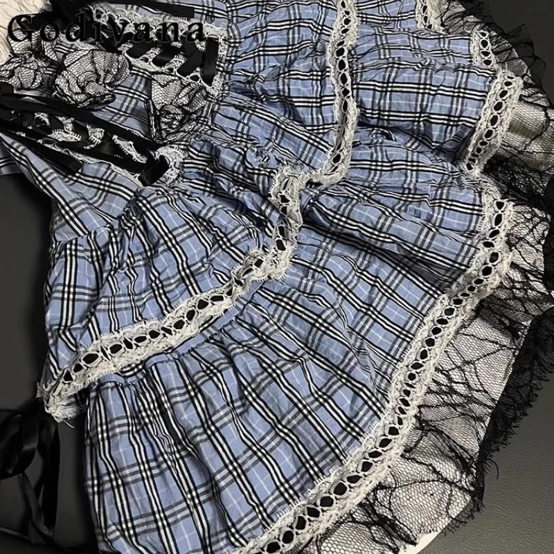 美しい女の子向け和風ドレス、オリジナルレトロ、ユニークなウエストシェイプドレス、女性用スイートブループレイドストラップ、素晴らしいドレス