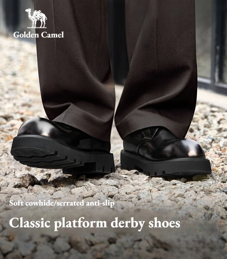Golden Camel Men's Shoes Luxury Brand Genuine Leather Thick Sole Round Head Derby Shoes New Business Casual Soft Sole Dress Shoe