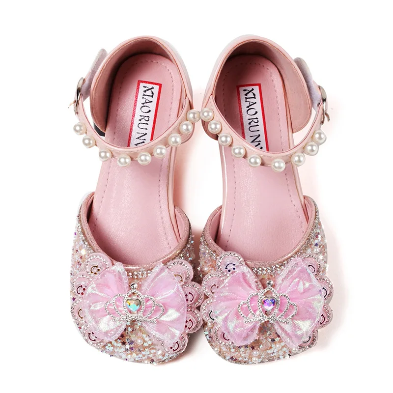 Girls Half Sandals Rhinestone Crown Soft Soled Princess Shoes Children's Fashion Bowknot Pearl Leather Shoes Versatile Hook Loop