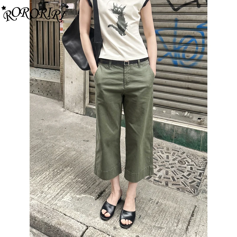 

RORORIRI прямые расклешенные джинсы с высокой талией для женщин, винтажные зеленые укороченные джинсовые брюки в стиле милитари, осенние повседневные брюки свободного покроя