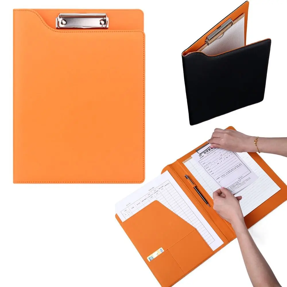 

With Cover A4 File Folder Clipboard With Pen Holder Waterproof PU Leather Writing Clip Non-slip High Capacity Document Organizer