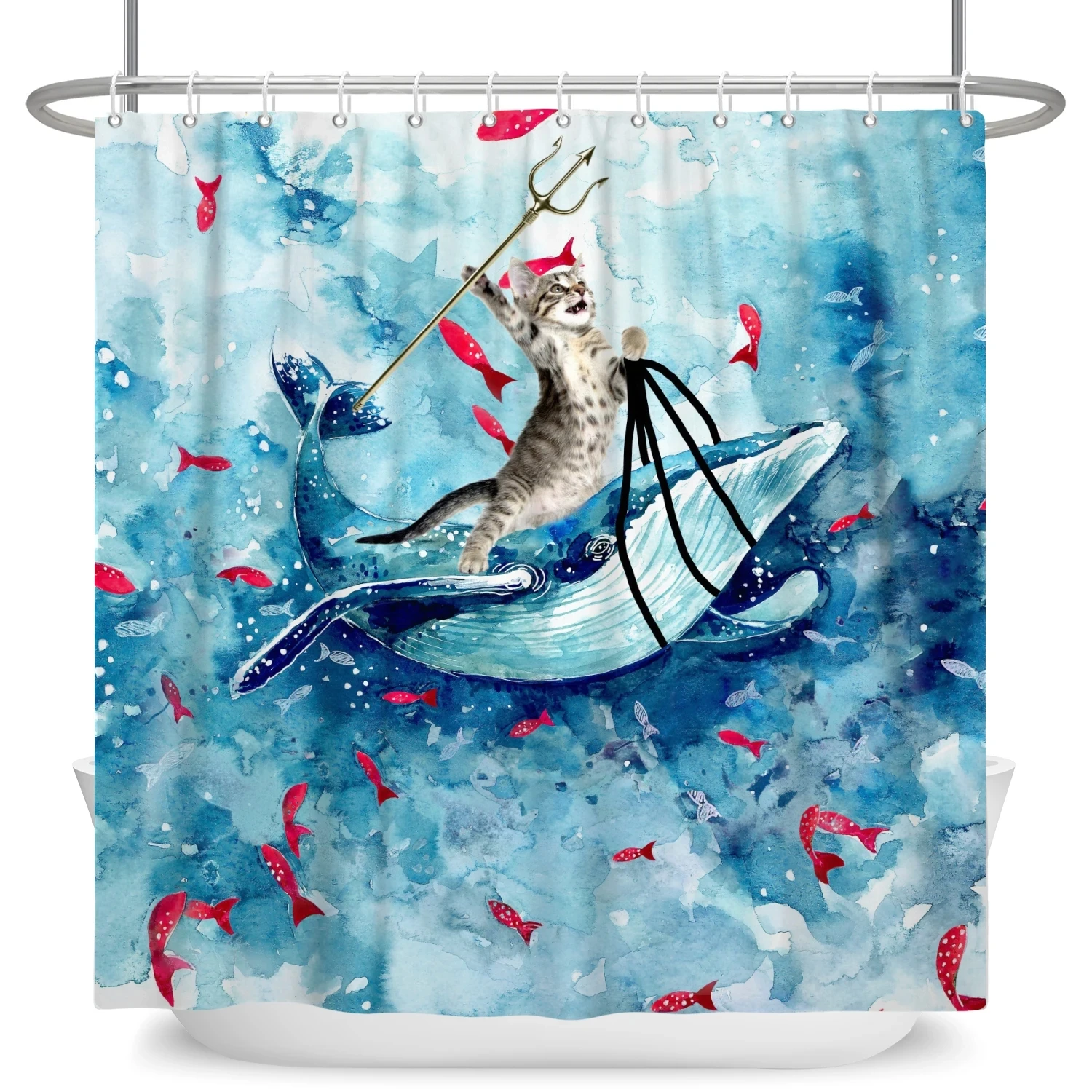 Hero Great White Shark With Gun Cat Funny Shower Curtain For Bathtub Cover Bathroom Cover Bathing Extra Large Wide 12pcs Hooks