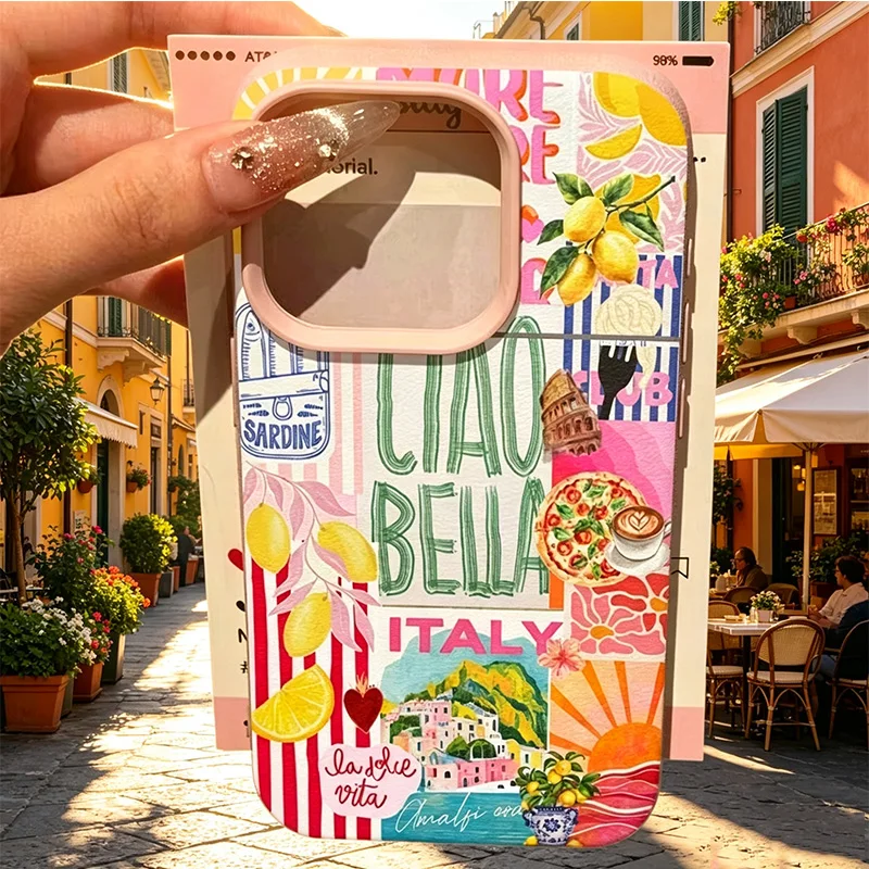 Italienischer Urlaubsstil Collage Leder Handyhülle für iPhone 17 Air 16 E 15 14 Plus 13 12 11 Pro Max XS Max Silikon Soft Cover