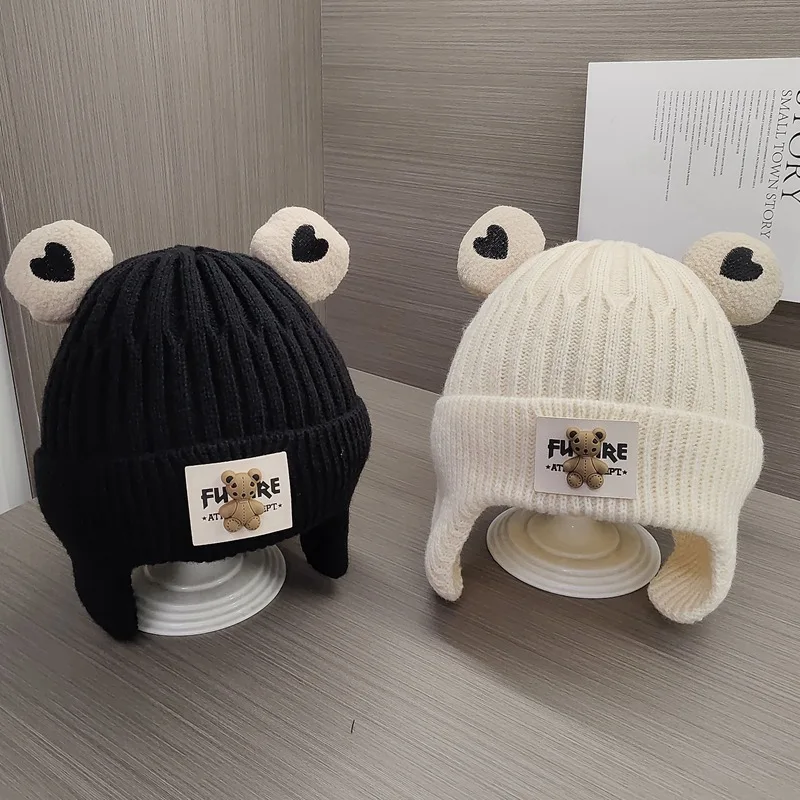 Cute Winter Knitted Baby Cap Cartoon Bear Toddler Boys Girls Warm Beanie Bonnet Hat Windproof Kids Crochet Ear Protection Caps