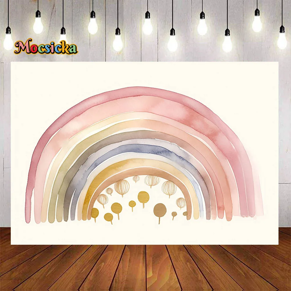 Boho Rainbow Background Decoration Girl Baby Shower 1st Birthday Party Backdrop Beige Cake Dessert Wallpaper Newborn Photozone