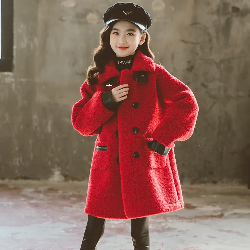 Hot Red Jacket Winter Spring Coat Outerwear Top Children Clothes School Kids Costume Teenage Girl Clothing Woolen Cloth High Qua