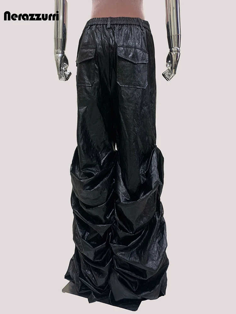 Mauroicardi Autumn Long Baggy Black Soft Thin Flowy Pu Leather Wide Leg Stacked Pants Men Loose Casual Korean Fashion Clothes