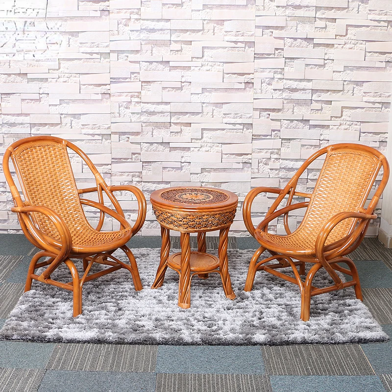 Rattan Chair Three-Piece Real Rattan Woven Balcony Leisure Small Table and Chair Combined Tea Table Single Armchair Rattan Chair