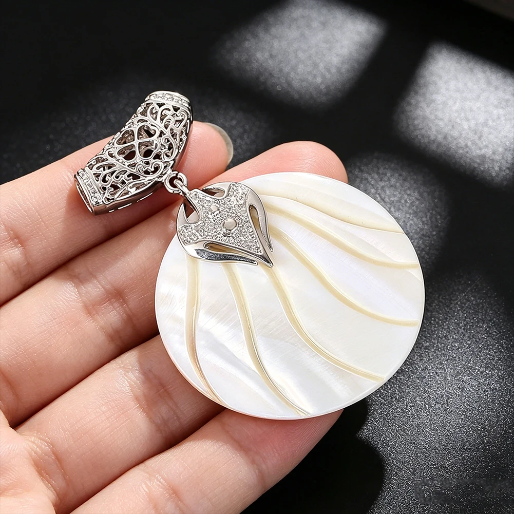 Natural Mother of Pearl Carved Round Shell Pendant Metal Hollow Filigree Setting Bohemian Necklace