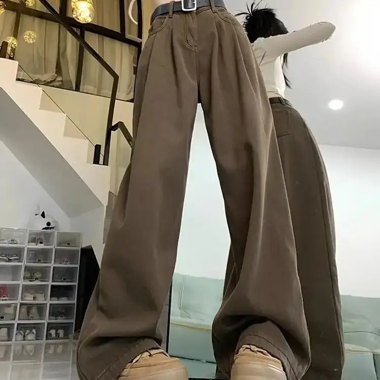 Brown High-Waisted Denim Wide-Leg Pants For Autumn New Style Straight-Leg Loose-Fitting Floor-Length Mopping Pants Women