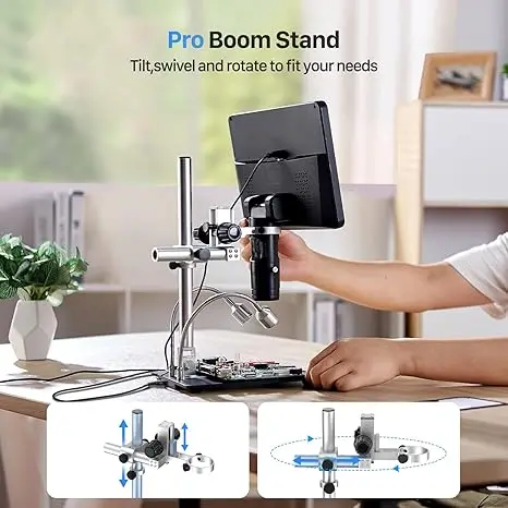 HDMI Digital Microscope 2000x, Pro Boom Arm Stand, LCD Soldering Microscope with 3 Lens, Adults Microscope