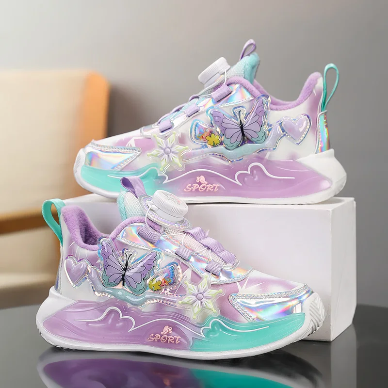 

Милые детские кроссовки для девочек, розовые и фиолетовые, с принтом бабочек, школьные кроссовки для бега, спортивные теннисные кроссовки для девочек.