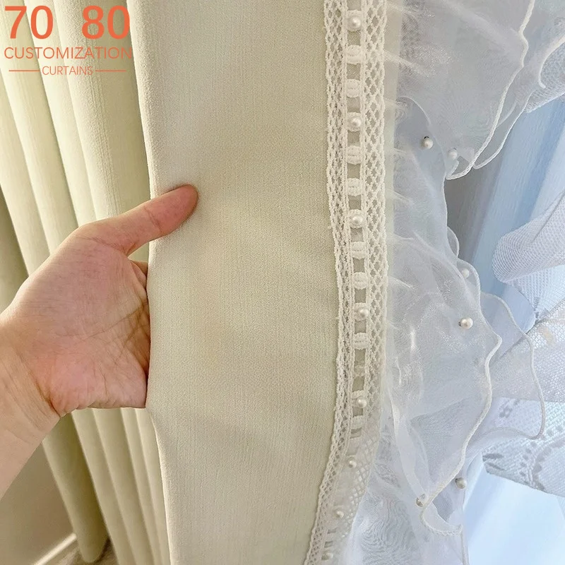 Japanese Chenille Cream Velvet Pearl Lace Curtains for Living Room Bedroom French Window Balcony Customized Finished Products