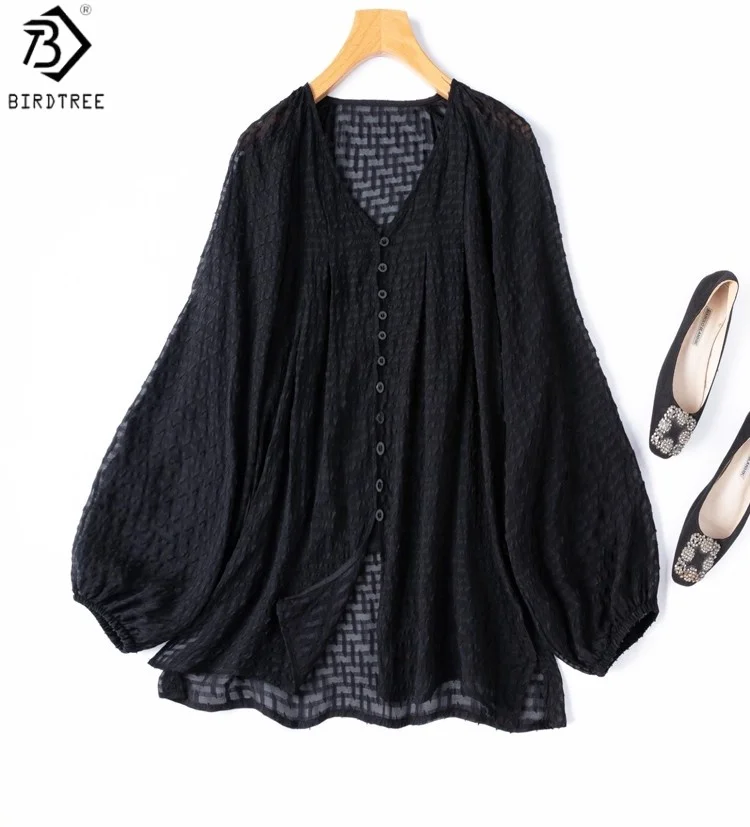 

Birdtree 100% Mulberry Silk Black Cardigan,Woman Sun-Protective Semi Perspective Lantern Sleeve V-neck Coat,2025 New T57603JF
