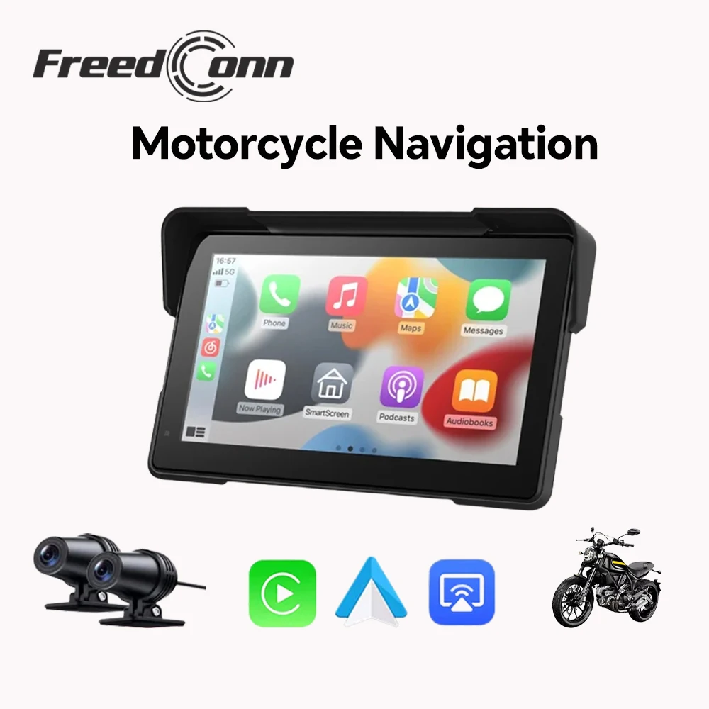 

Мультимедийный проигрыватель Freedconn для мотоциклов с CarPlay и Android Auto, навигацией, беспроводным DVR, GPS, водонепроницаемостью IPX8 и 5-дюймовым LCD-дисплеем