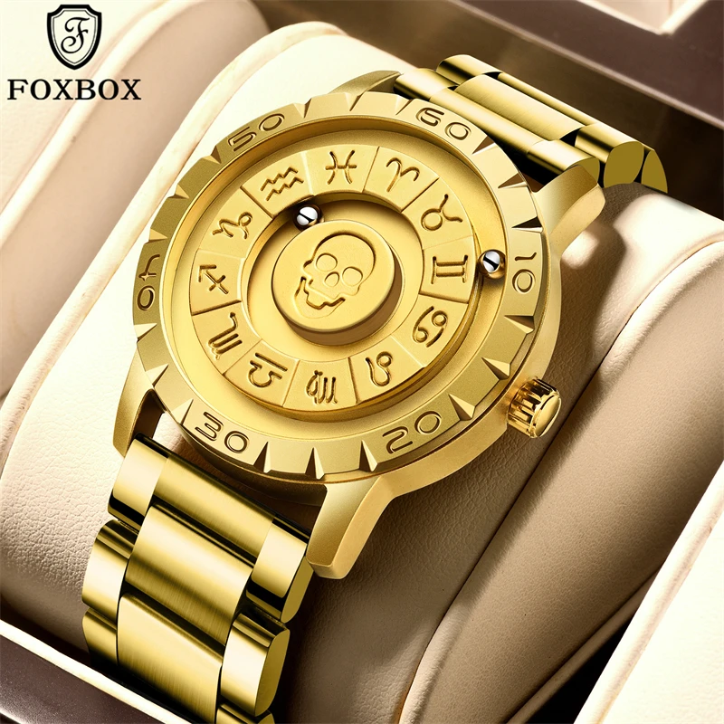 FOXBOX Men Clock Luxury Brand Stainless Steel Scrolling Bead Quartz Watches for Men Magnetic Force Waterproof Military Watch Man